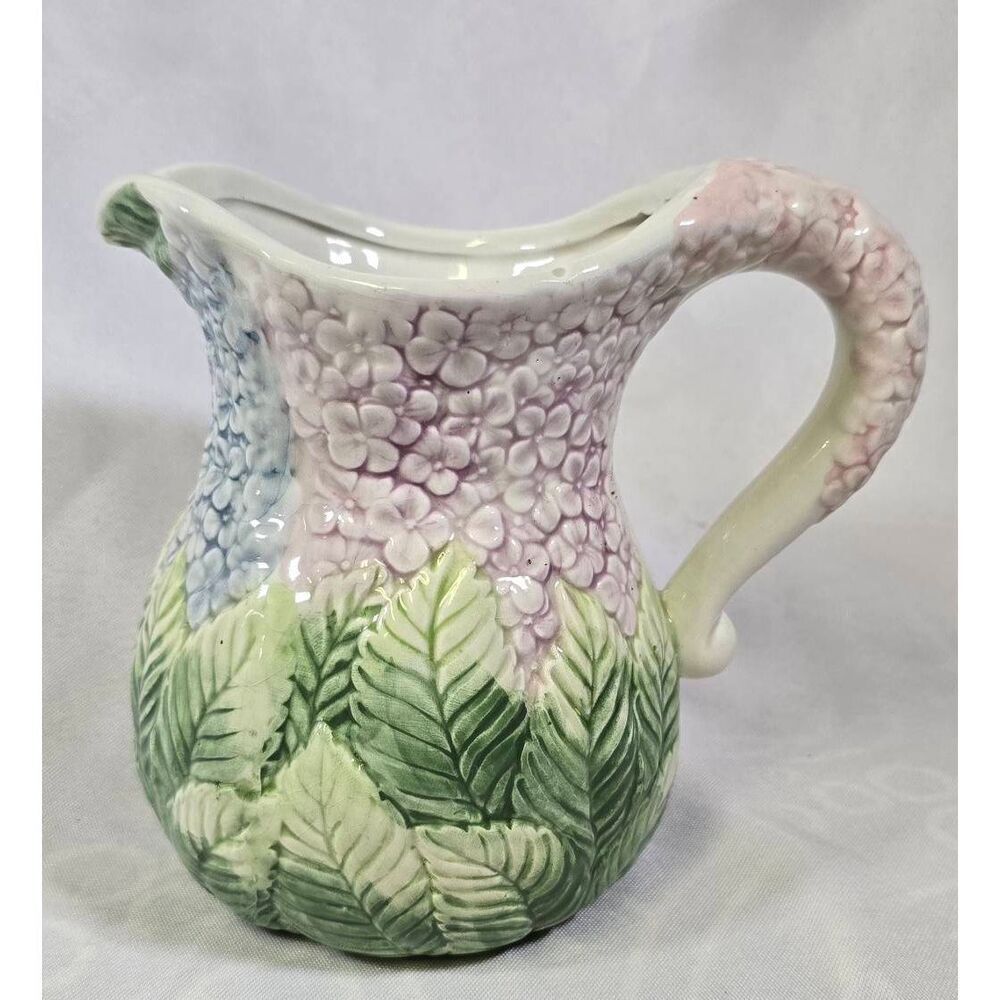 Italian Majolica Style 3D Hydrangea Floral Ceramic Pitcher